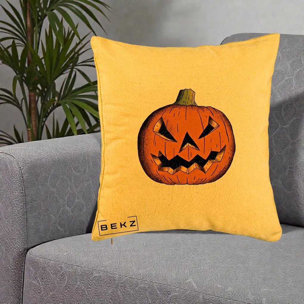 Perna Decorativa Halloween Dovleac Portocaliu Clasic, 40x40 cm, Galben, Husa Detasabila, Perna Inclusa, BEKZ®
