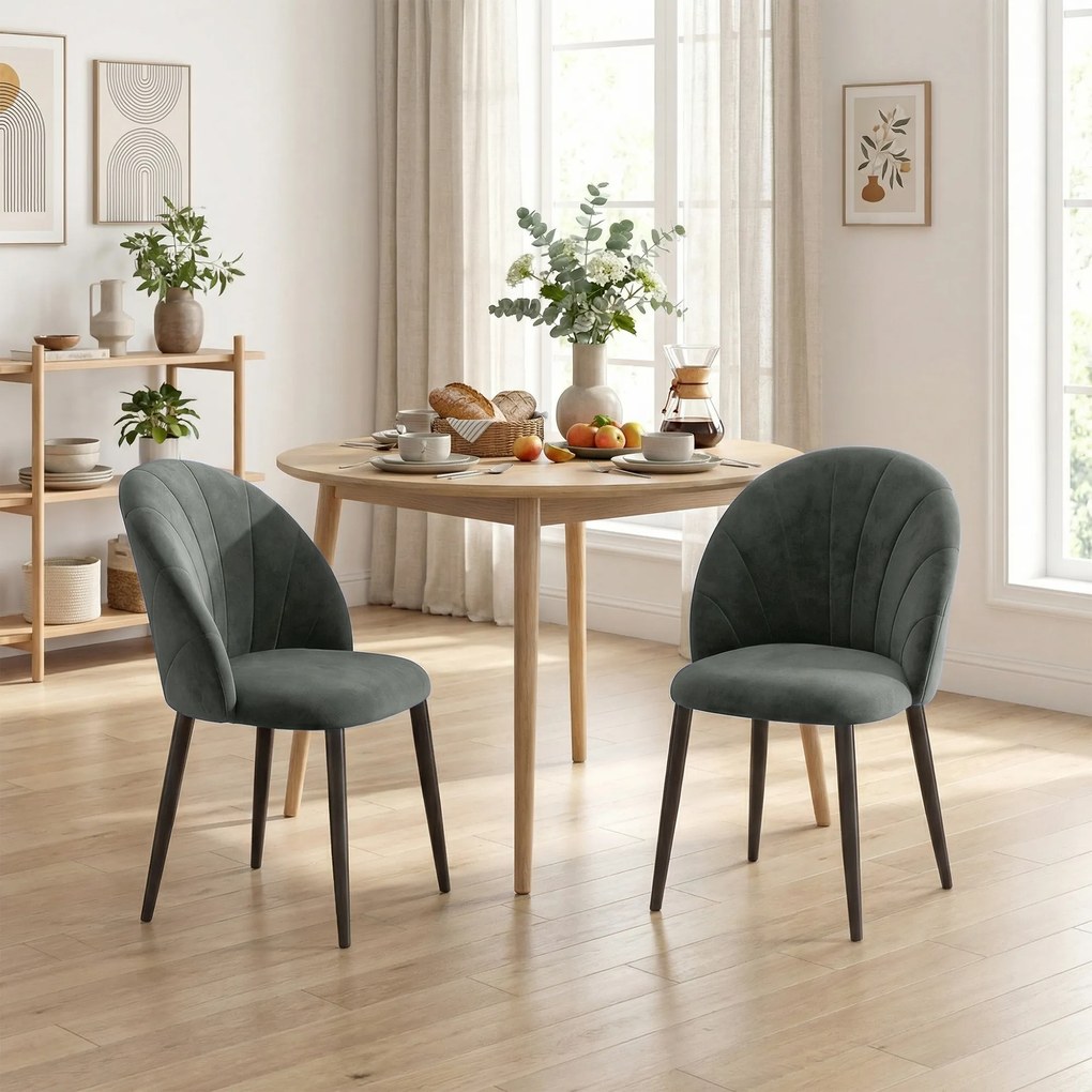 HOMCOM Set de 2 Scaune de Sufragerie din Catifea, Scaune de Bucătărie cu Spătar Curbat în Formă de Scoică, Picioare din Oțel, Stil Nordic, Scaune Tapițate pentru Bucătărie, Dormitor, Living, Gri | Aosom Romania