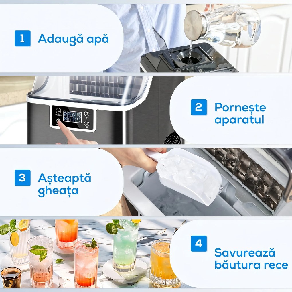 HOMCOM Mașină de Gheață cu 24 de Cuburi de Dimensiune Reglabilă, Rezervor și Sistem de Autocurățare, 25.2x36x37.1 cm, Negru | Aosom Romania