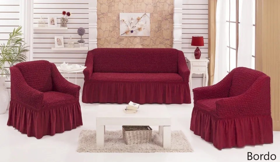 Set huse elastice si creponate pentru canapea 3 locuri si 2 fotolii, cu volanas, culoare Bordo