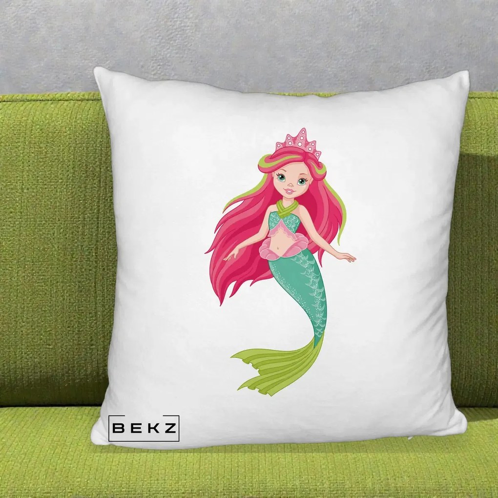 Perna Decorativa Sirena Roz cu Coroana, 40x40 cm, Alb Pufos, Husa Detasabila, Perna Inclusa, BEKZ®