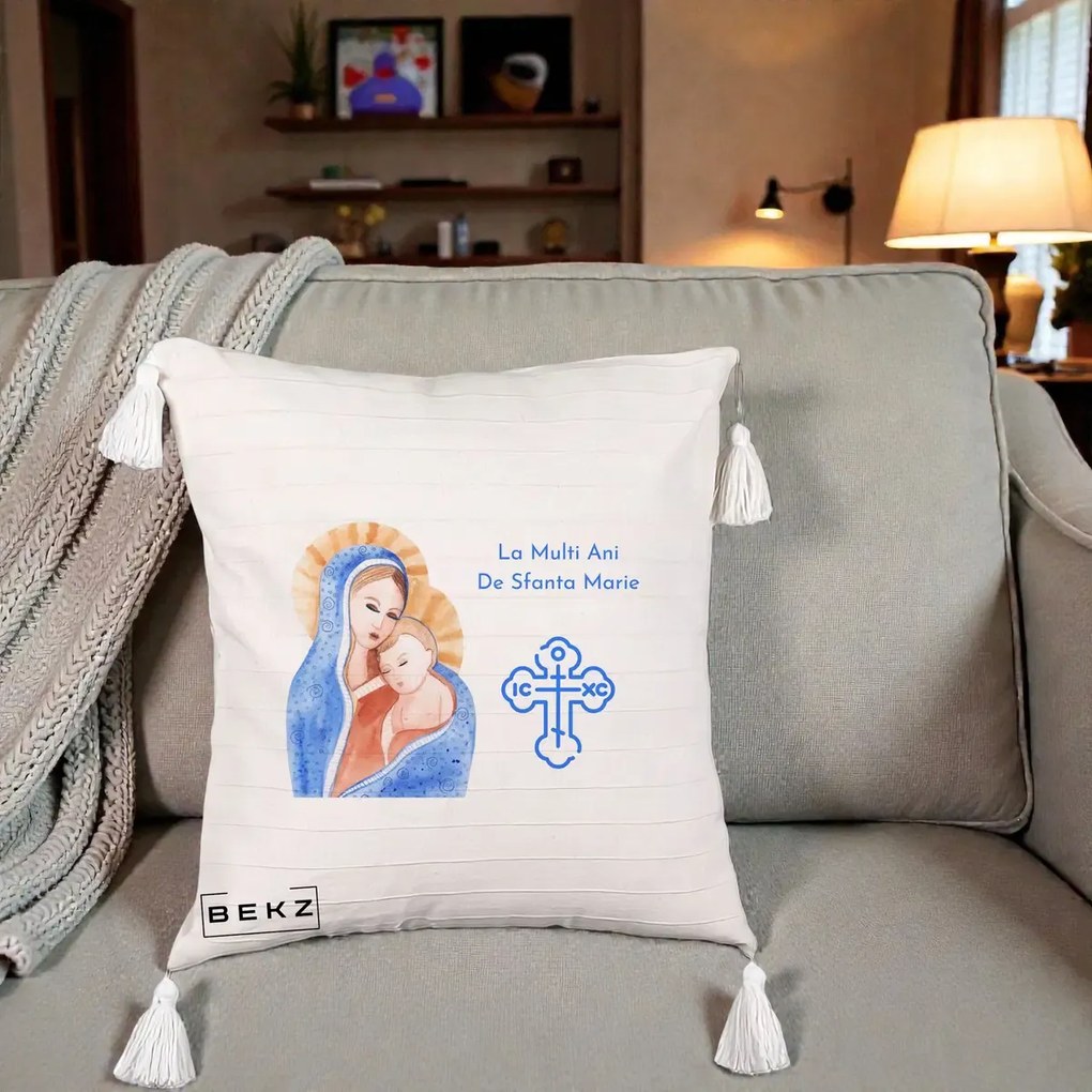 Cadou de Onomastica - Perna Personalizata Sfanta Marie Icoana Acuarela, 40x40 cm, Bej cu Franjuri, Husa Detasabila, Perna Inclusa, BEKZ®