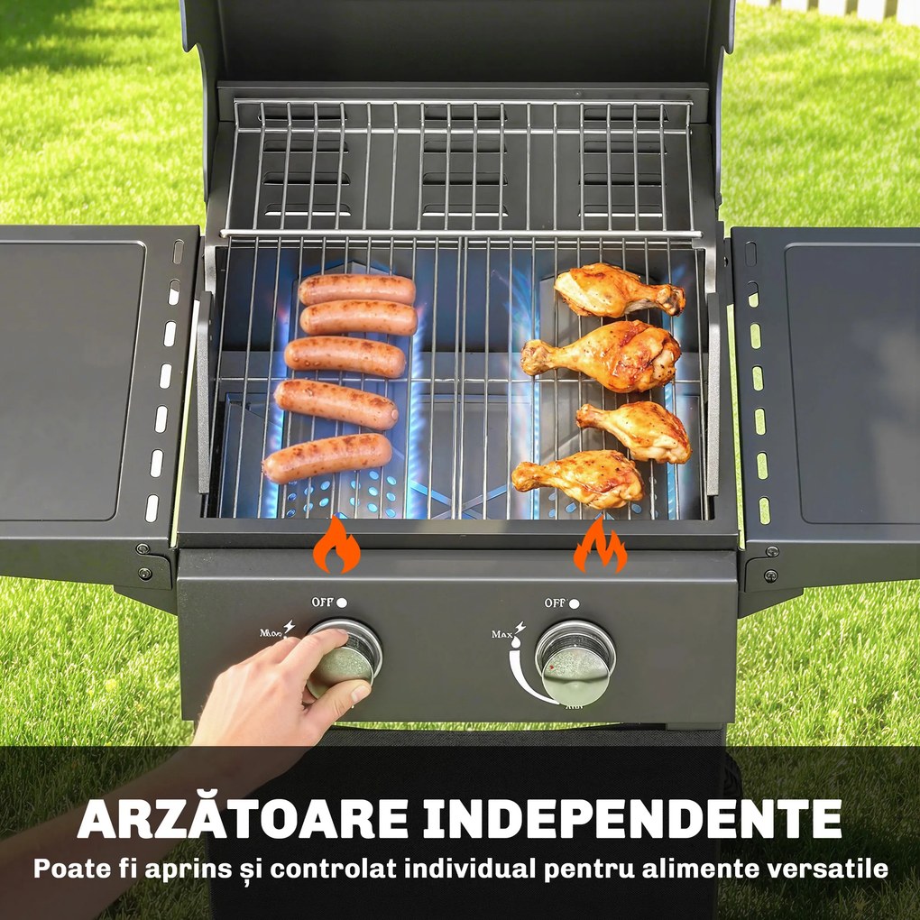 Outsunny Grătar pe Gaz Protan cu 2 Arzătoare, Portabil, Termometru, Negru | Aosom Romania