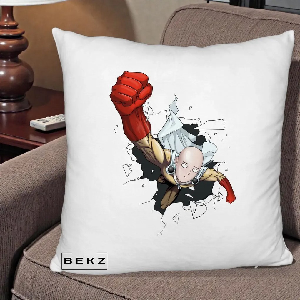 Perna Personalizata One Punch Man Saitama Pumn, 40x40 cm, Alb Pufos, Husa Detasabila, Perna Inclusa, BEKZ®