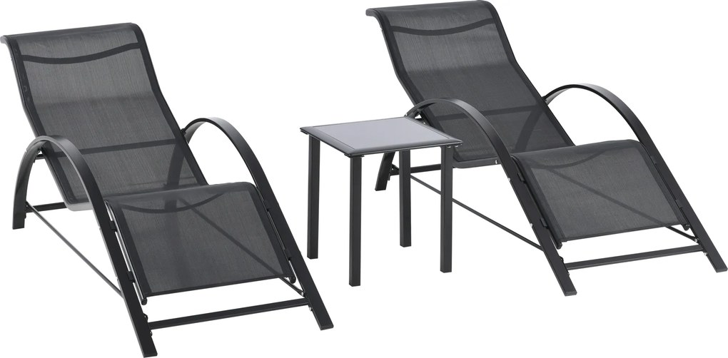 Outsunny Set 2 sezlonguri si masuta cu blat din sticla, sezlong pentru gradina din material respirabil si metal, 59x169x66 cm, negru
