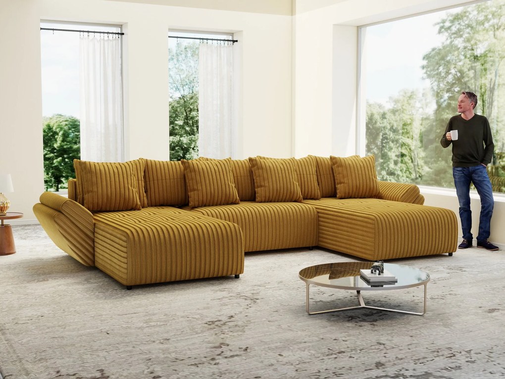 Colțar extensibil dumonde cu ladă de depozitare si sezut confortabil din spuma high-density, Berlin U Ambiance Mustar 380x180 cm