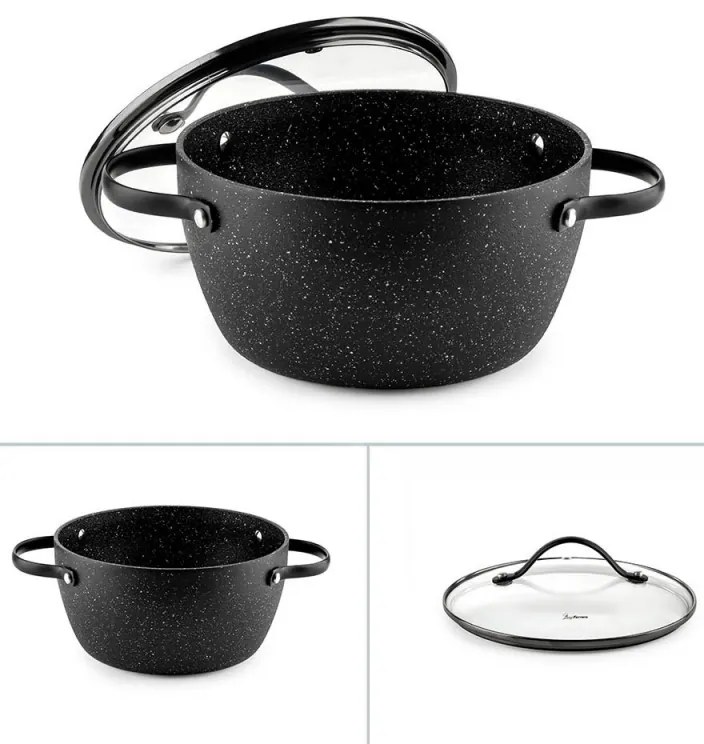 Cratiță Luigi Ferrero Symphony FR-2010, 20x10.5 cm, 2.6 l, Acoperire antiaderentă, Capac din sticlă cu gaură pentru abur, Mânere din oțel cu PVD, Inducție, Marmură neagră