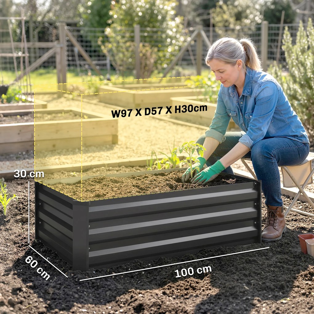 Outsunny Set de 2 Paturi Galvanizate Inaltate pentru Gradina, Cutie de Plantare Inaltata pentru Exterior, Usor de Asamblat, pentru Cultivarea Florilor