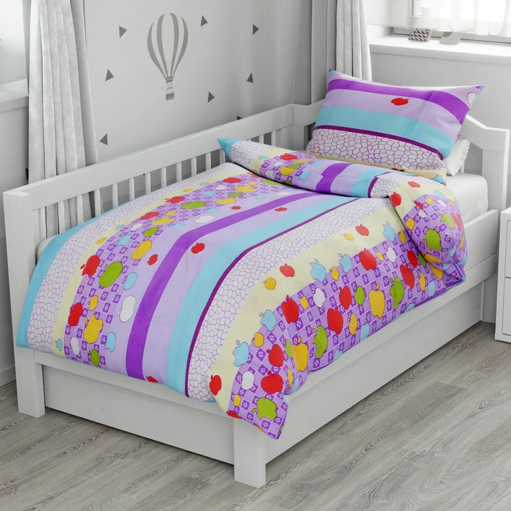 Lenjerii din bumbac pentru patut Culoare violet, COLORED APPLES WITH STRIPES
