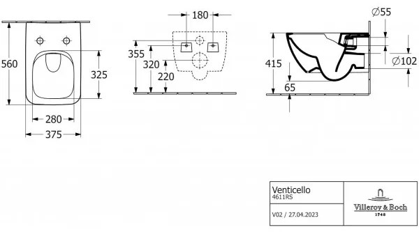 Set vas WC rimless suspendat, Villeroy&amp;Boch Venticello, DirectFlush, cu capac inchidere lenta, 37.5x56cm, Alb Alpin, 4611RS01