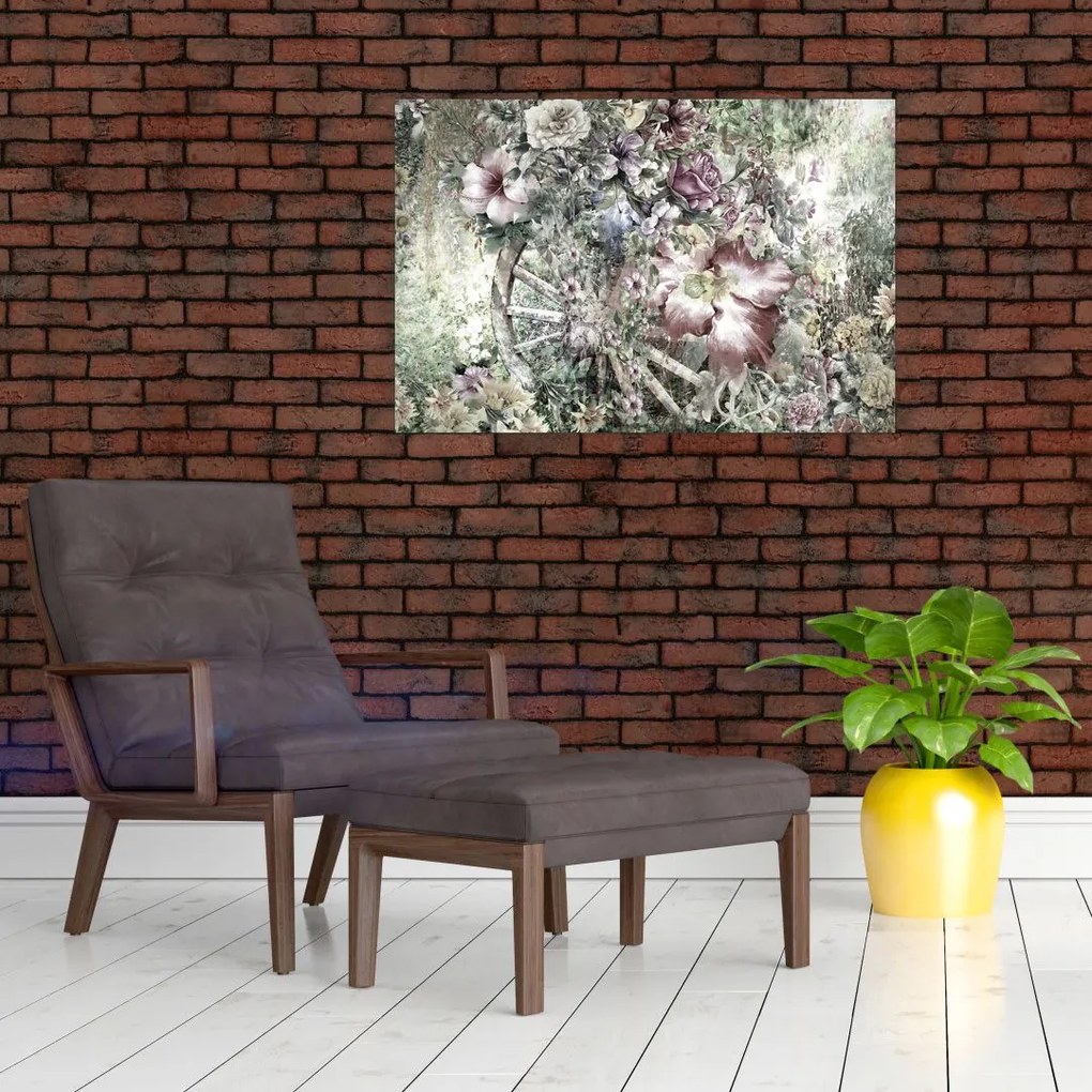 Tablou - Flori pe roata de lemn (90x60 cm)