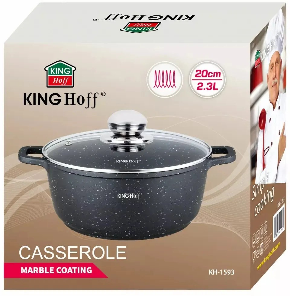 Oală cu capac 20 cm, 2.3L – Kinghoff KH 1593, cu strat marmură, neagră, compactă, ușor de curățat