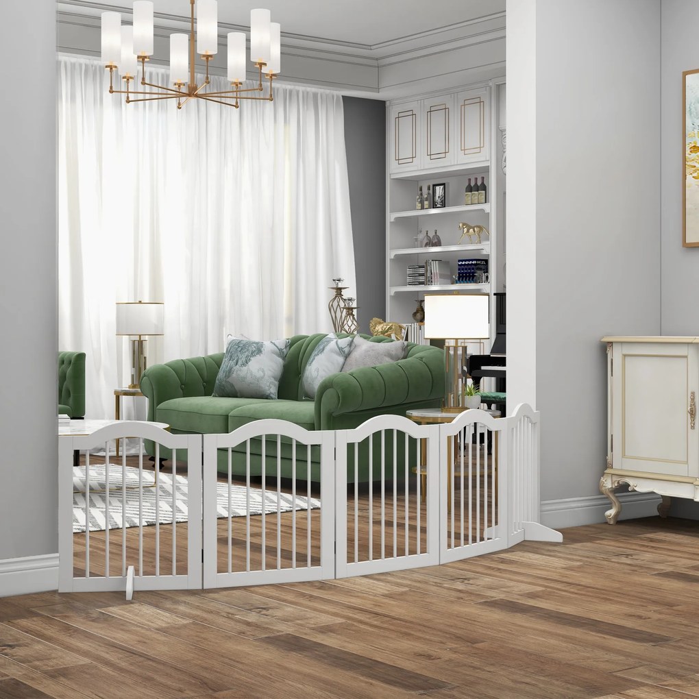 PawHut Barieră pentru câini, 5 panouri, pliabilă, flexibilă, lemn masiv/MDF, 261,5x29,5x61 cm, alb | Aosom Romania