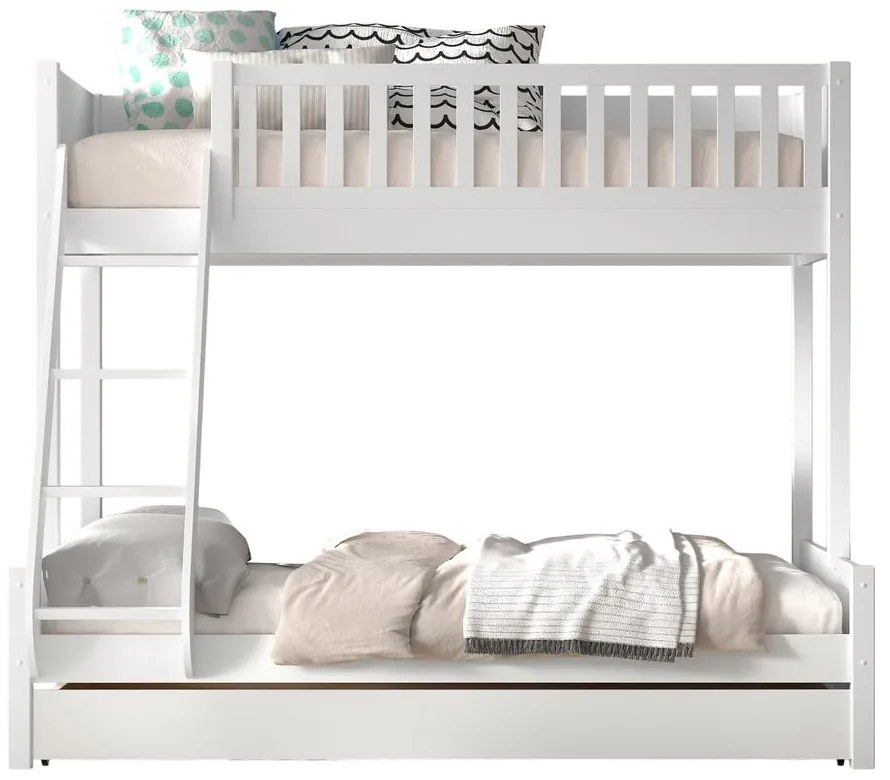 Pat pentru copii alb supraetajat din lemn masiv de pin cu spațiu de depozitare 140x200/90x200 cm SCOTT – Vipack