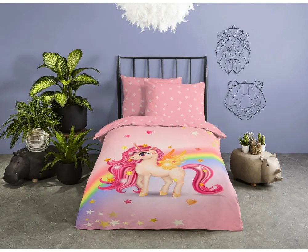 Lenjerie de pat pentru copii roz din bumbac pentru pat de o persoană 140x200 cm Little – Good Morning