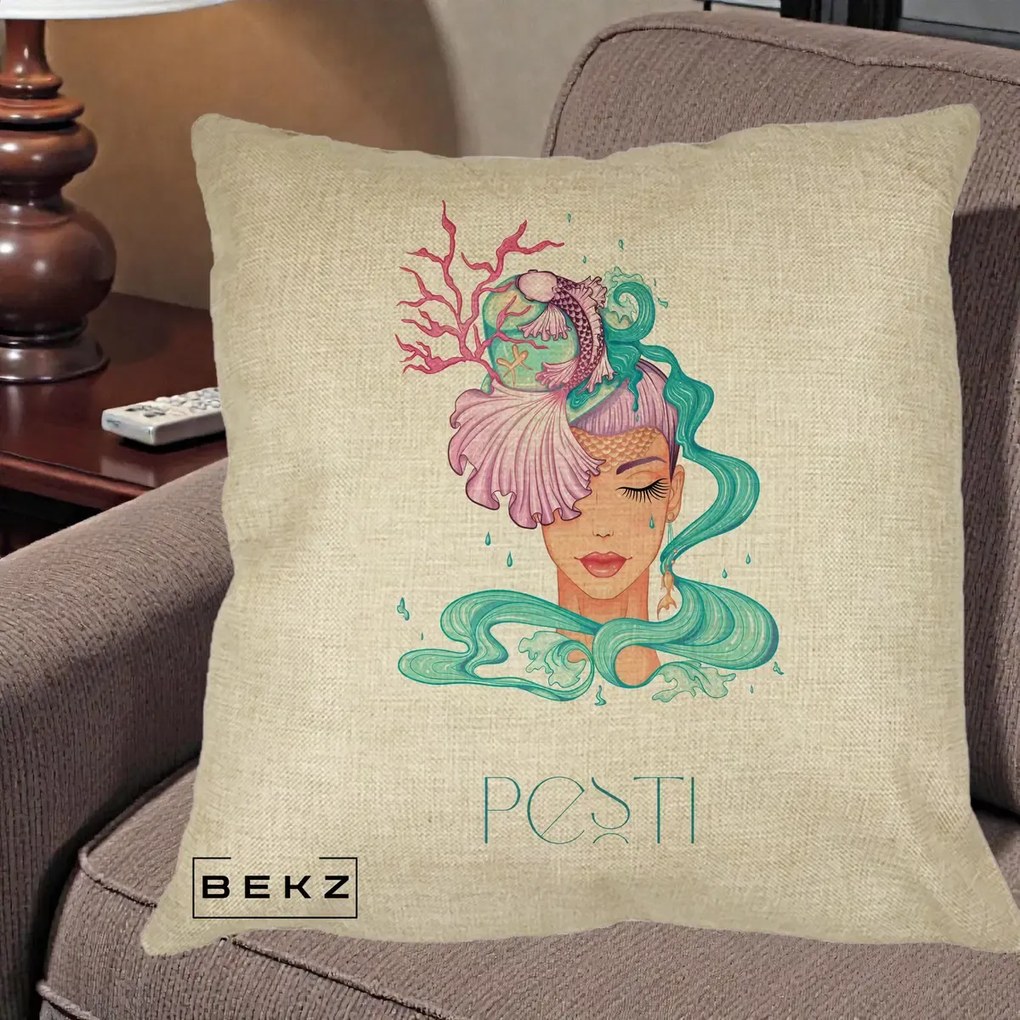 Perna Personalizata Zodiac Pesti Cowgirl, 40x40 cm, Crem, Husa Detasabila, Perna Inclusa, BEKZ®