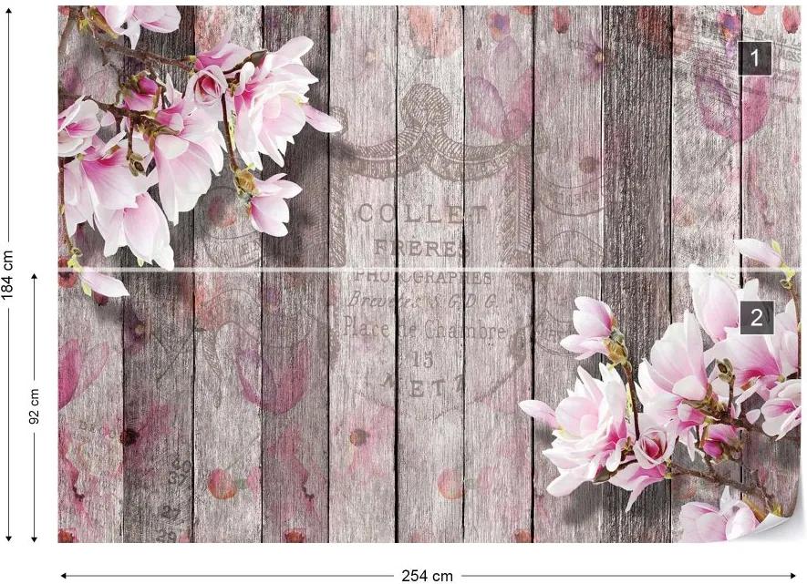 GLIX Fototapet - Flowers Vintage Script Rustic Wood Planks Vliesová tapeta  - 254x184 cm