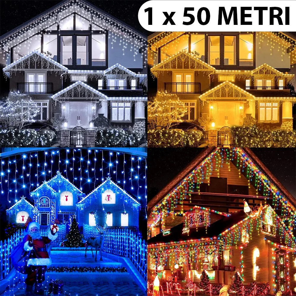 Instalatie de Craciun, 1 x 50 metri, franjuri cu flash, cu led tip turturi, fir gros, exterior, 4 cu