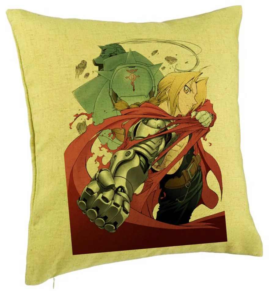 Perna Decorativa cu Full Metal Alchemist Edward Elric, 40x40 cm, Verde, Husa Detasabila, Burduf