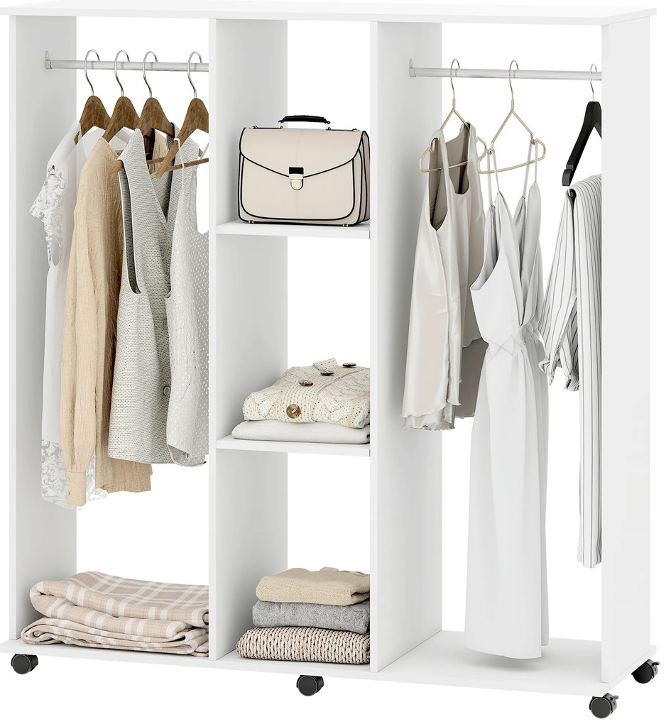 HOMCOM Dulap-penderie mobilier de depozitare mobil 6 roți 120 x 40 x 128 cm din lemn alb | Aosom Romania
