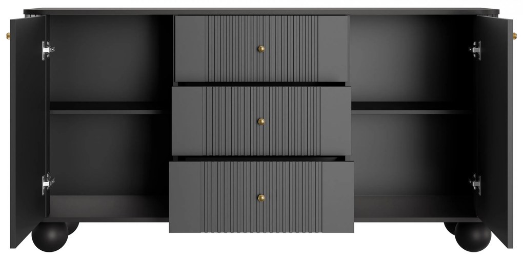 Comodă cu sertare Vesper 160 cm - negru / mânere aurii / picioare sferice