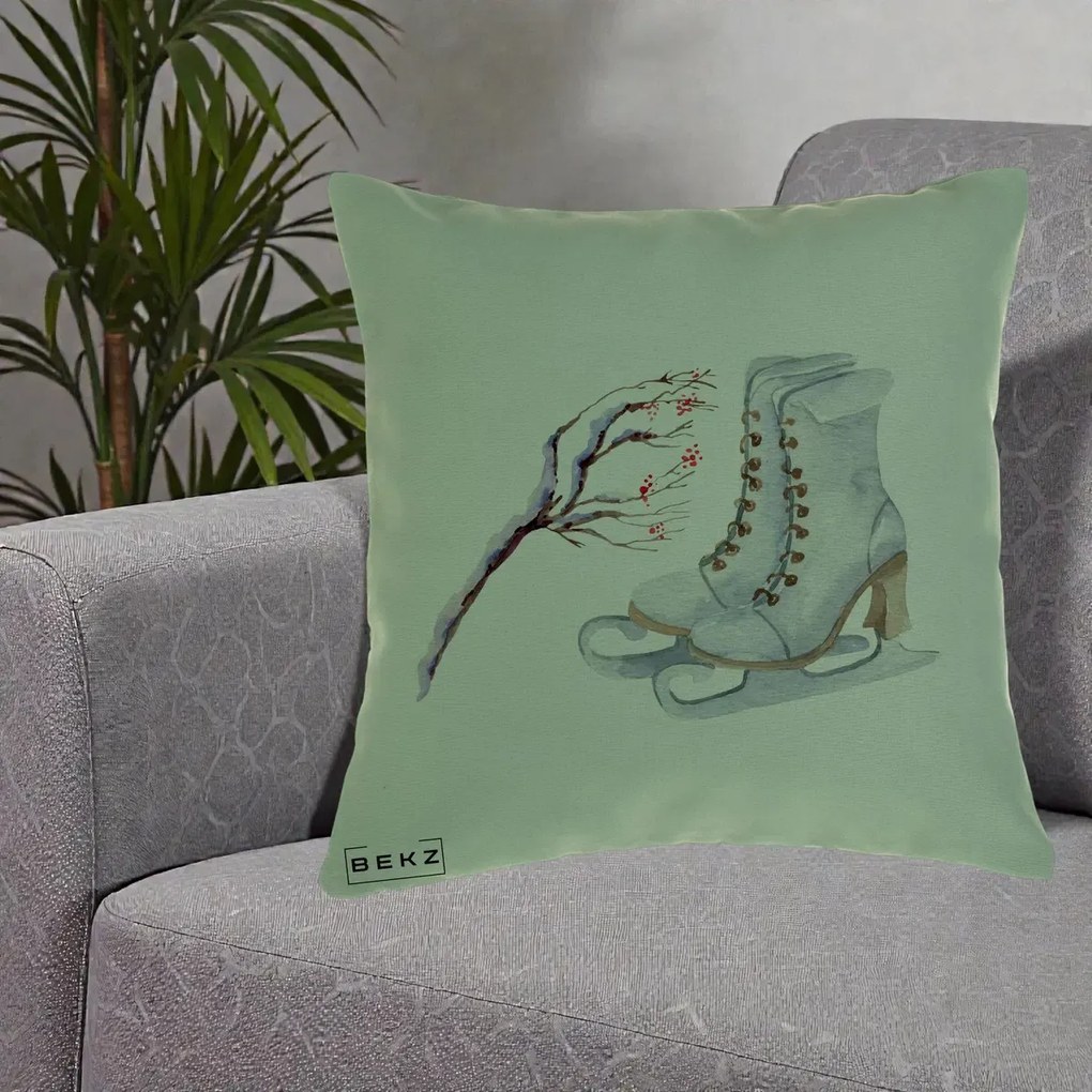 Perna Decorativa Patine cu Ramuri Inzapezite, 40x40 cm, Verde, Husa Detasabila, Perna Inclusa, BEKZ®