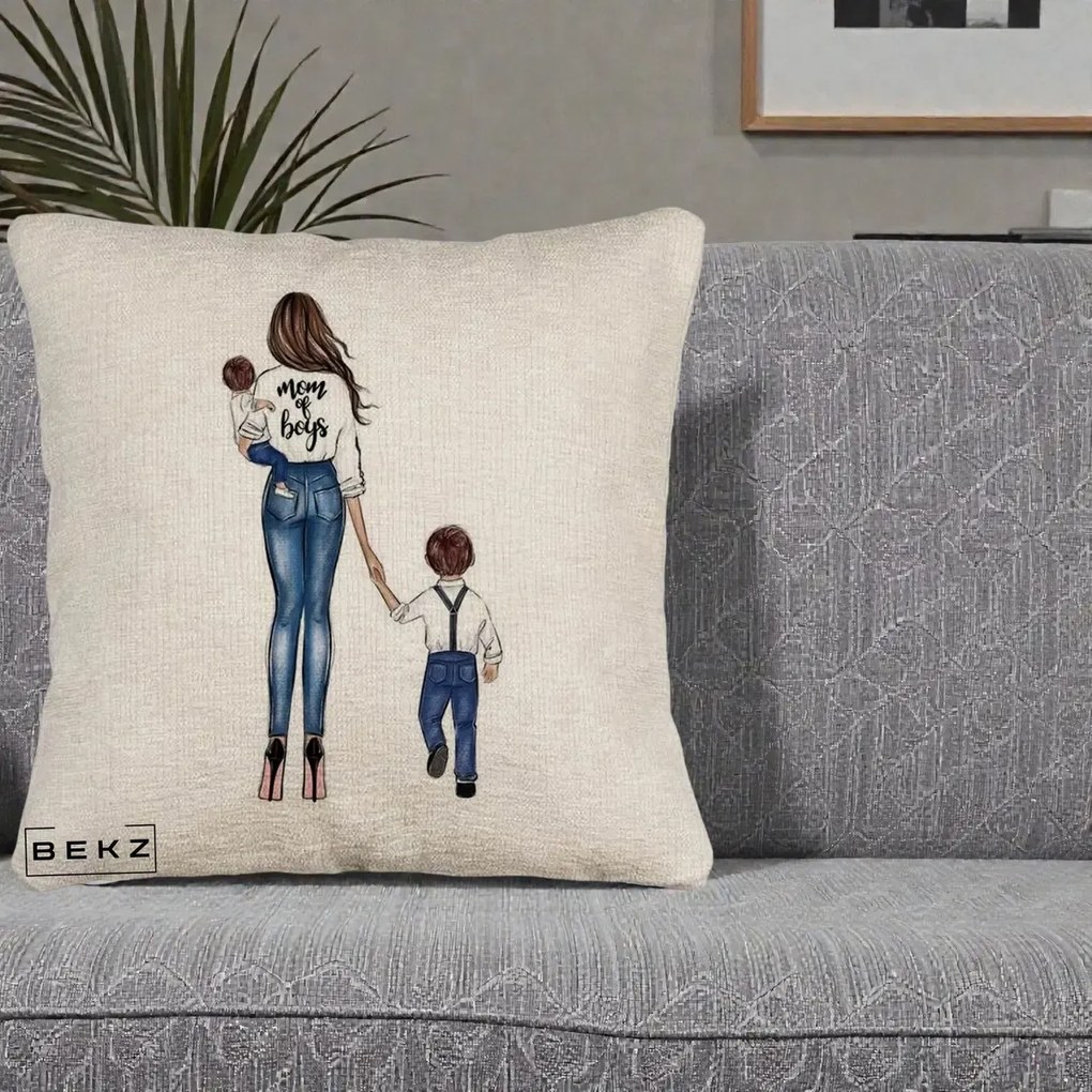 Cadou pentru Mama - Perna Personalizata Mom of Boys Mama cu Baietii, 40x40 cm, Bej Canapea, Husa Detasabila, Perna Inclusa, BEKZ®