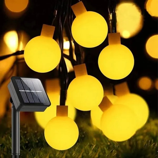 Ghirlandă solară decorativă, 50 LED, 8 funcții, 500 mAh, 9,5 m, IP67, alb cald