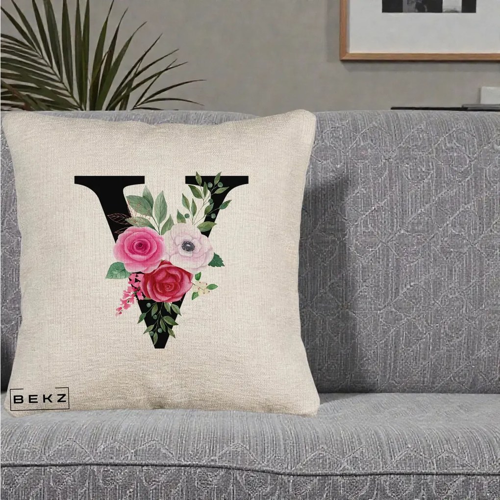Cadou Personalizat - Perna Personalizata Monograma Florala Litera V cu Buchet, 40x40 cm, Bej Canapea, Husa Detasabila, Perna Inclusa, BEKZ®