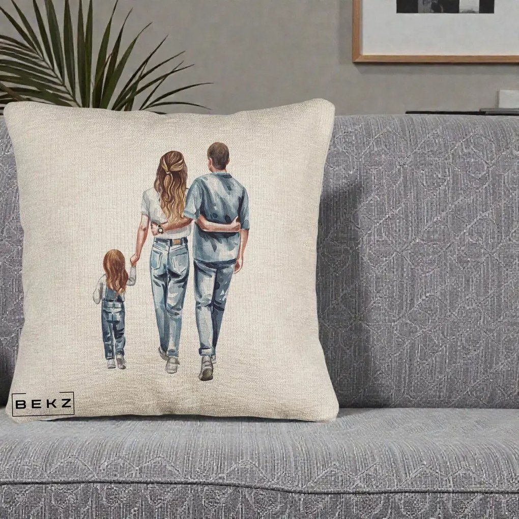 Cadou pentru Familie - Perna Personalizata Familie Acuarela Jeans, 40x40 cm, Bej Canapea, Husa Detasabila, Perna Inclusa, BEKZ®