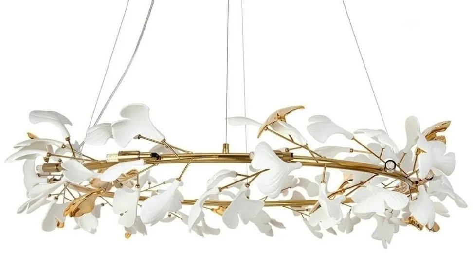 Lustra Suspendata, Metal Auriu, Petale Flori Albe Ceramice, FLORA 120