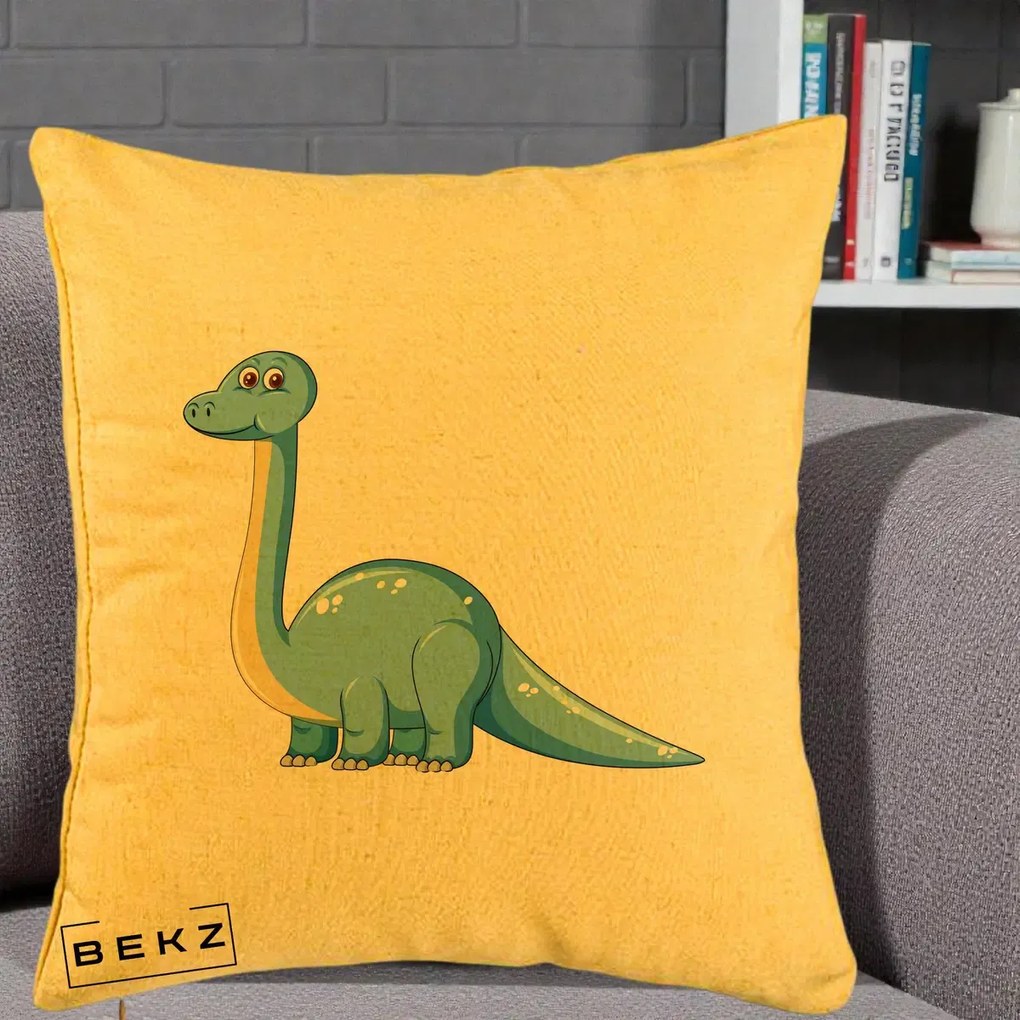 Perna Personalizata Brontosaur Albastru, 40x40 cm, Galben, Husa Detasabila, Perna Inclusa, BEKZ®