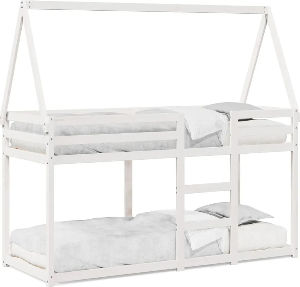 vidaXL Pat supraetajat cu acoperiș, alb, 90x200 cm, lemn masiv de pin