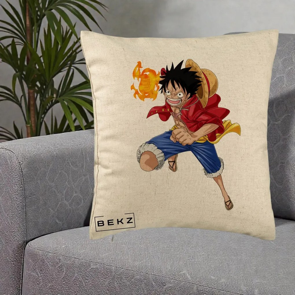 Perna Personalizata One Piece Luffy Gear Second Foc, 40x40 cm, Bej, Husa Detasabila, Perna Inclusa, BEKZ®