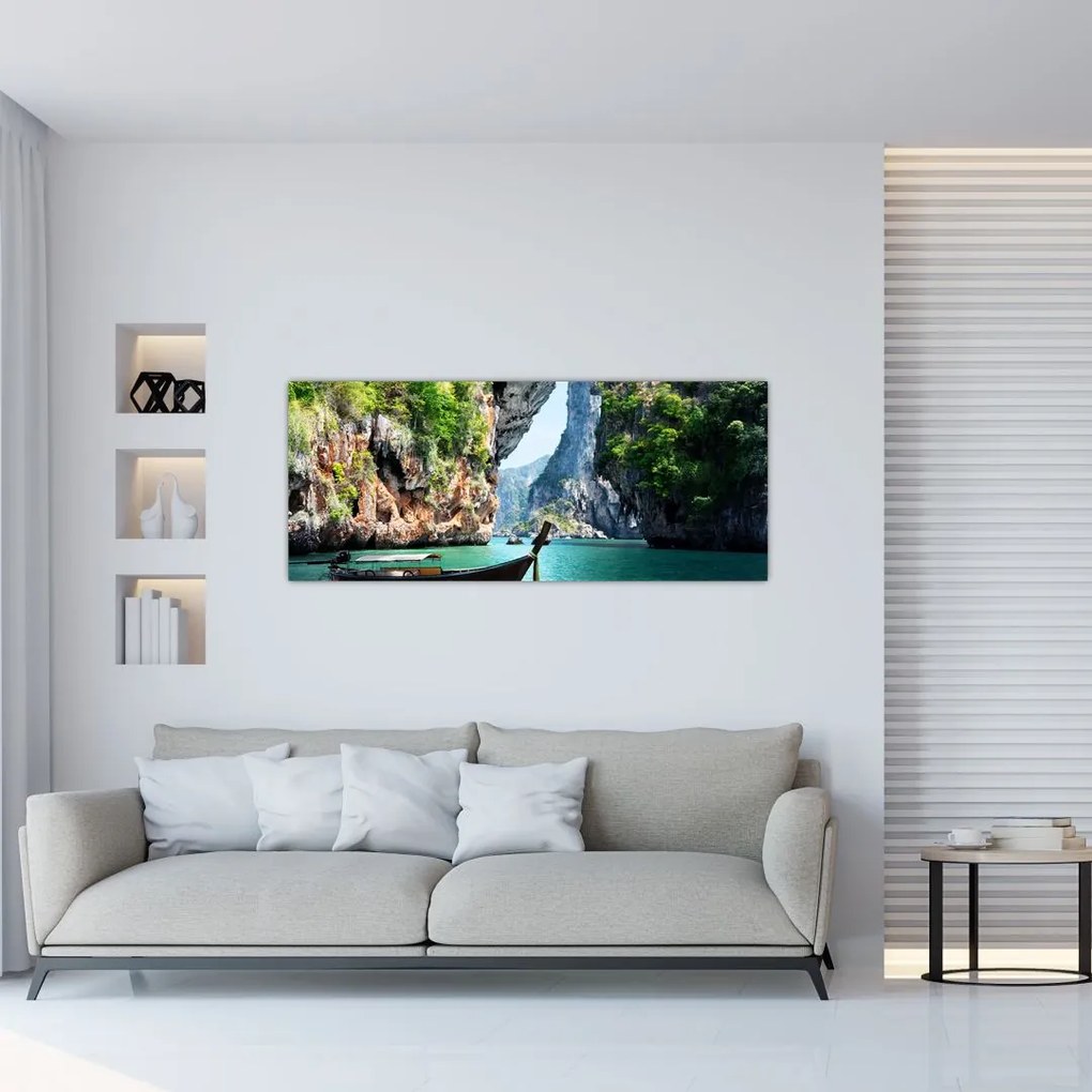 Tablou cu navă lungă pe plajă (120x50 cm)