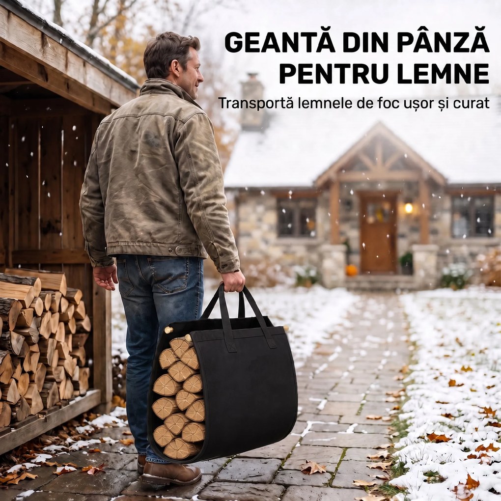 Outsunny Suport pentru Lemne de 48 cm cu Geantă, din Oțel, Capacitate 50 kg, pentru Șemineu, Negru | Aosom Romania