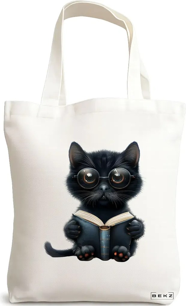 Sacosa de Panza pentru Cumparaturi, Geanta Tote, model Reading cat 8 38 x 34.5 cm, Alba, BEKZ®