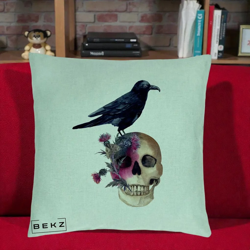 Perna Decorativa Craniu cu Corb si Flori Gothic, 40x40 cm, Verde Menta, Husa Detasabila, Perna Inclusa, BEKZ®