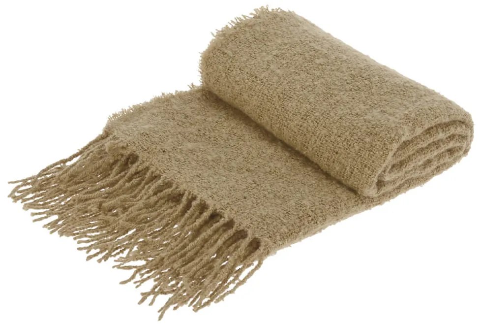 Pled cu franjuri Chenille, 127x152 cm, crosetat, bej
