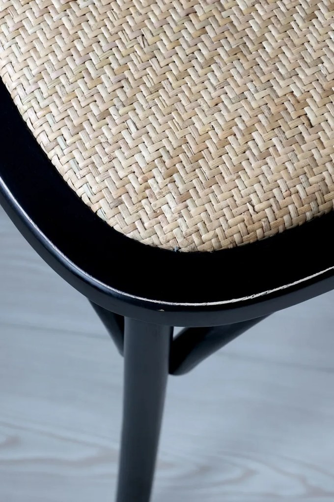 Scaun dining negru din lemn de cauciuc, rattan si rachita, cu aspect vintage, French