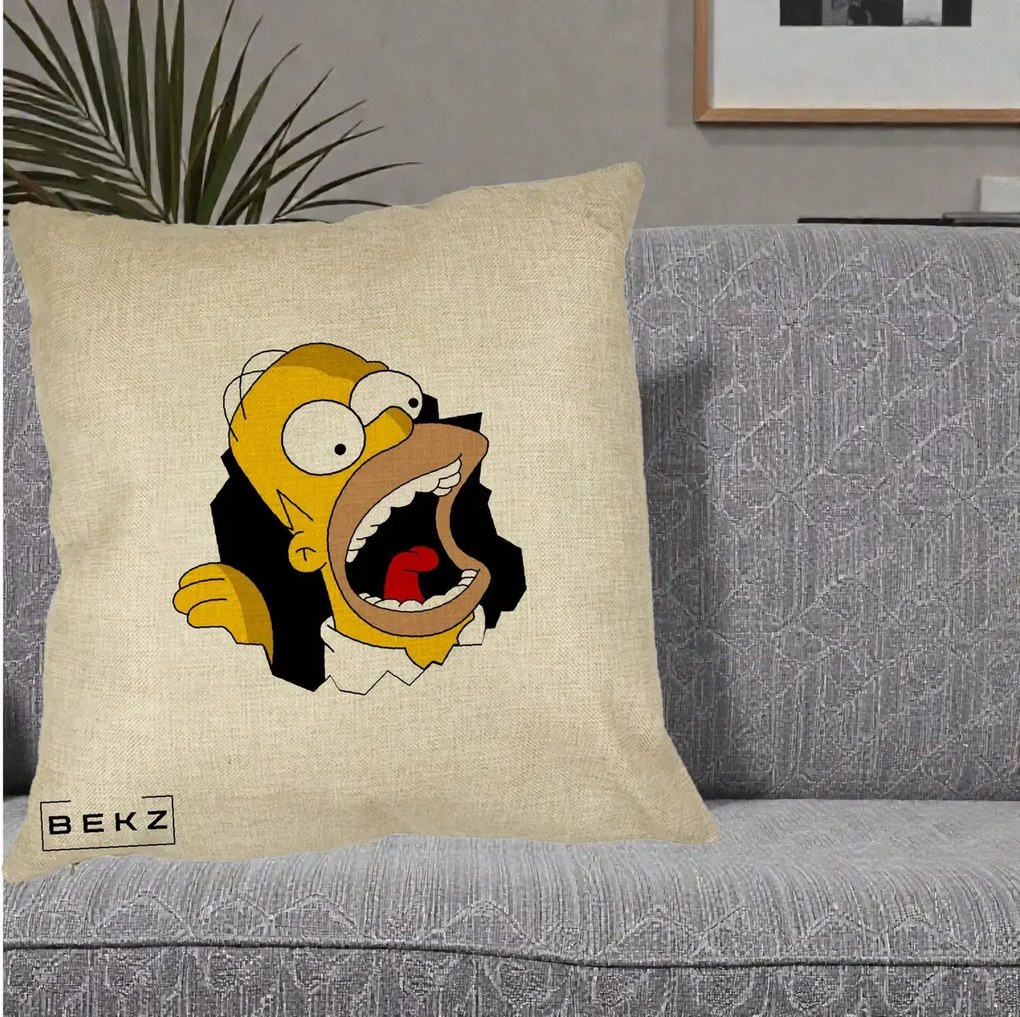 Perna Personalizata Homer Simpson Surpriza, 40x40 cm, Crem, Husa Detasabila, Perna Inclusa, BEKZ®