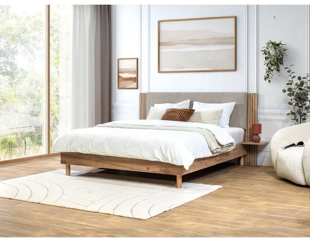 Pat matrimonial gri deschis cu somieră 160x200 cm Lior – Bobochic Paris