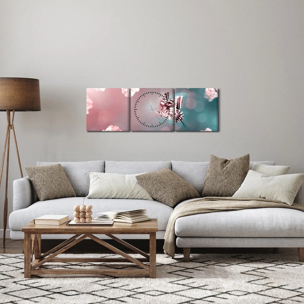 Tablou - Fluture între flori (cu ceas) (90x30 cm)