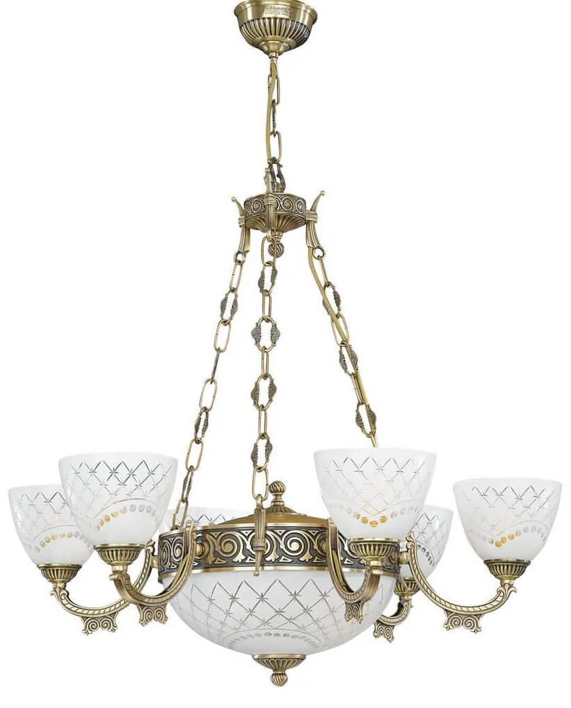 Candelabru cu 6 brate clasic design italian din alama, sticla 7052 RA-L. 7052/6+2