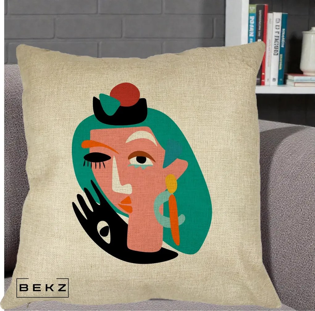 Perna Decorativa Portret Abstract Matisse Turcoaz, 40x40 cm, Crem, Husa Detasabila, Perna Inclusa, BEKZ®