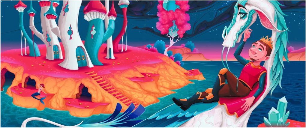 Tablou - Prinț și prințesa cu dragon (120x50 cm)