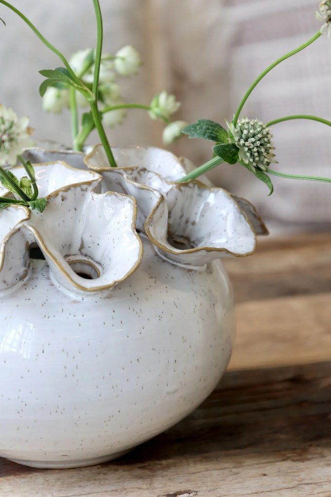 Vază din ceramică crem antichizat, lucrată manual, pentru 12 flori, H15/D21 cm