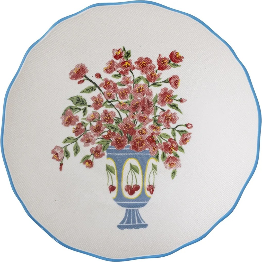 Bol din ceramică cu motive florale și margine ondulată albastră pictată manual, 28×6,5 cm, „Dorothy"