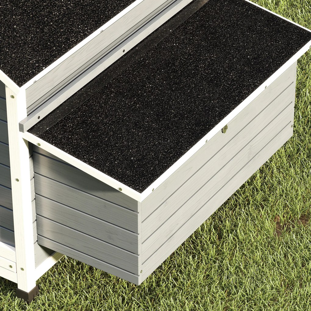 PawHut Coteț din Lemn cu 2 Cuiburi, Coteț Exterior pentru Găini cu Acoperiș Rezistent la Apă, Tavă Detașabilă și Prăjini, Adăpost pentru 2-4 Găini, Rațe, Grădină, 150x100x96,5 cm, Gri | Aosom Romania