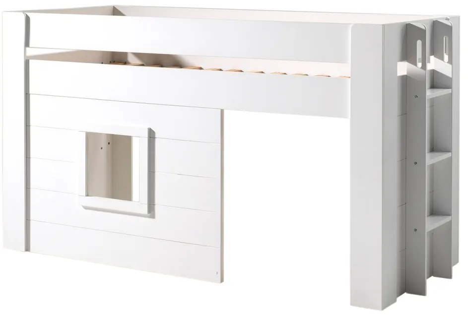 Pat median pentru copii NOAH, alb, 90 x 200 cm, MDF lăcuit, spațiu multifuncțional sub pat, scară și fereastră montabile pe stânga sau dreapta –